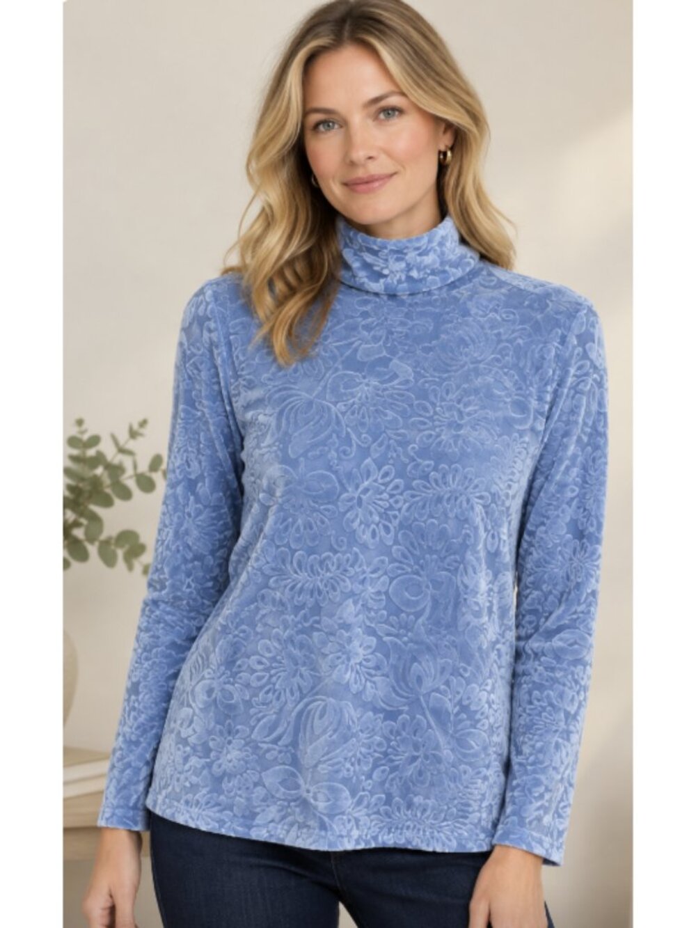 SOFT SURROUNDINGS Walden Velvet Burnout Turtleneck Top Light Blue Small Boho